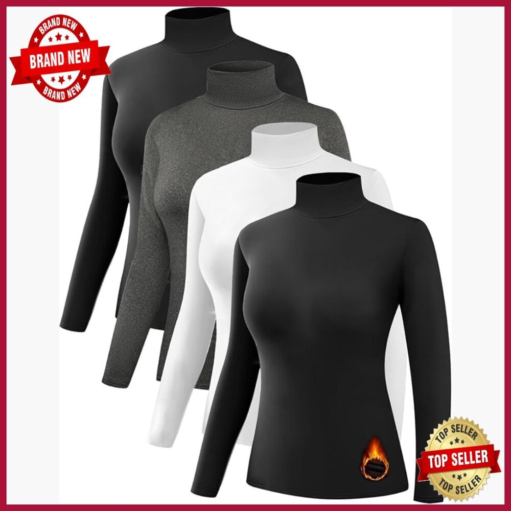 Women's Fleece-Lined Thermal Turtleneck Base Layer Tops 4-Pack Slim Fit
